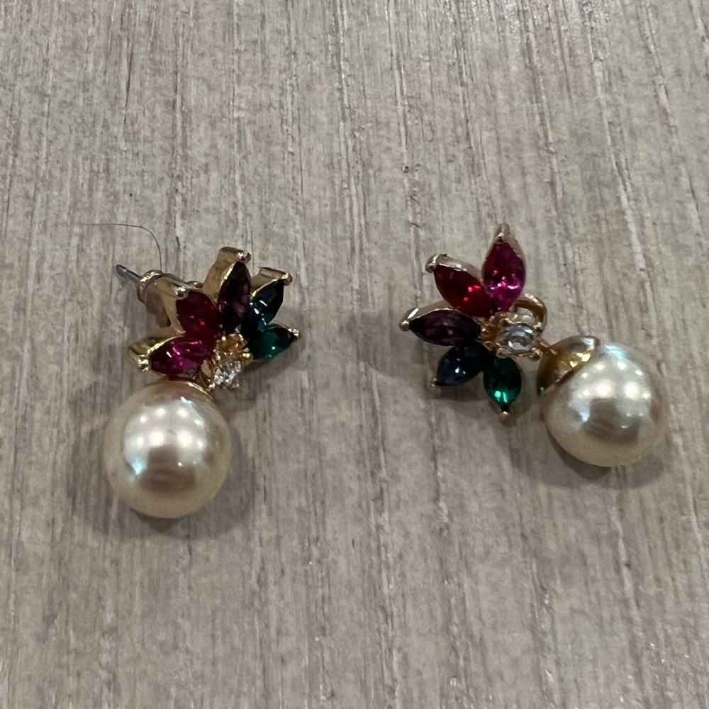 Vintage Faux Pearl Drop Earrings w/ Multicolor Marquise Rhinestones in Gold Tone